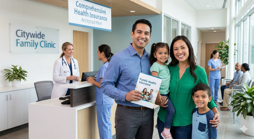The family is reviewing the health insurance policy on the laptop.