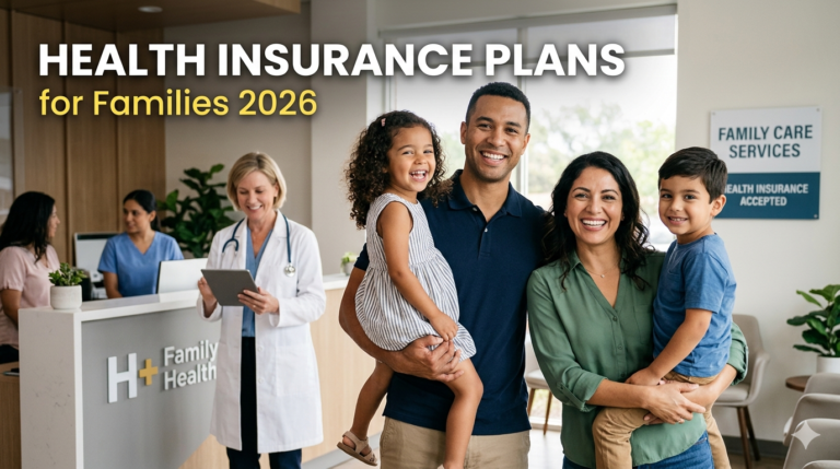 Family discussing health insurance plans with doctor in background
