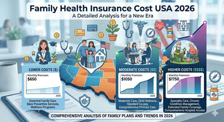 Chart showing family health insurance cost in the USA for 2026 with US map and pricing icons