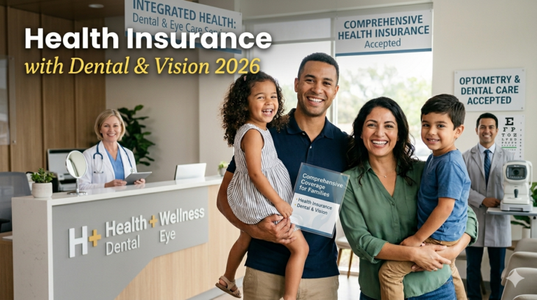 Family receiving dental and vision care services