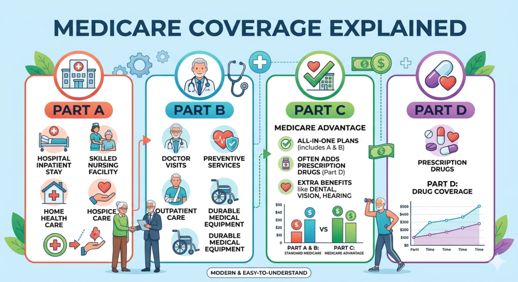 comparison of Medicare Parts A, B, C and D coverage