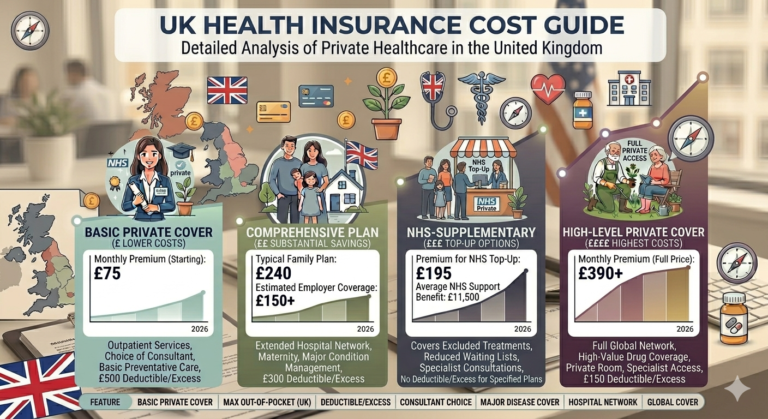 Infographic-style featured image showing UK health insurance cost guide with UK map and price icons
